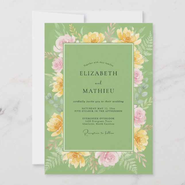 Pistachio Yellow Ranunculus Eucalyptus Wedding Invitation (Front)