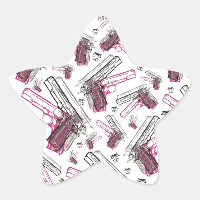 Pistol Pearl, quirky gun and cherries pattern. Star Sticker (Front)