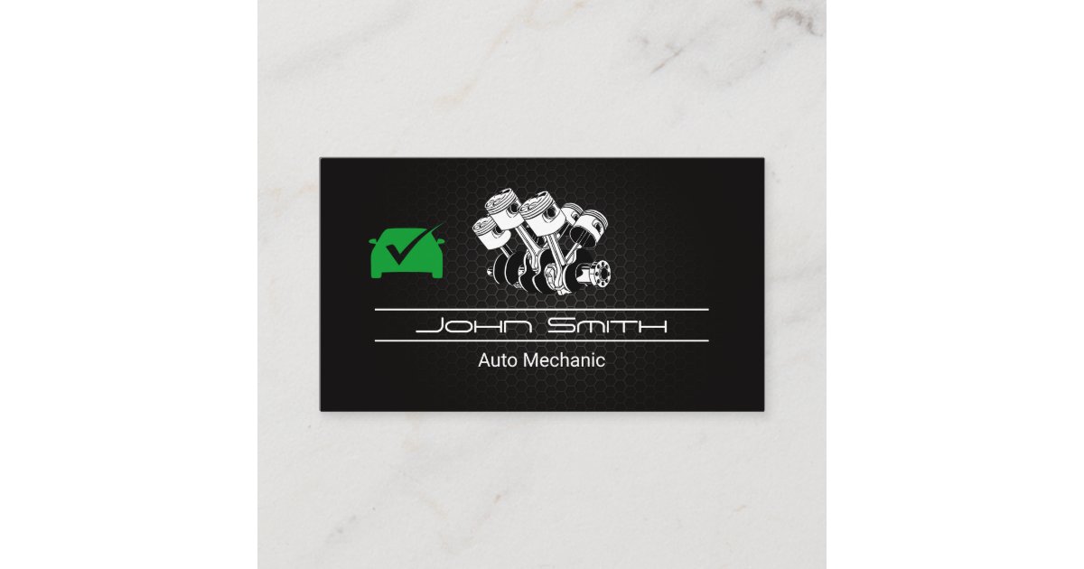 Piston Car Engine Carbon Fiber | Auto Green Check Business Card | Zazzle