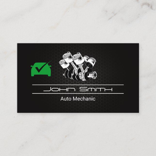 Piston Car Engine Carbon Fiber | Auto Green Check Business Card (Front)