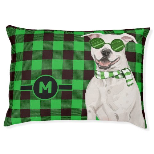 Pit Bull and Green Plaid with Dogs Monogram Pet Bed