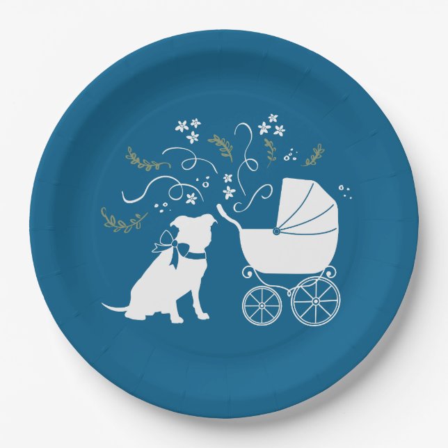 Pit Bull Baby Shower Pitbull Dog Blue Boy Paper Plates (Front)