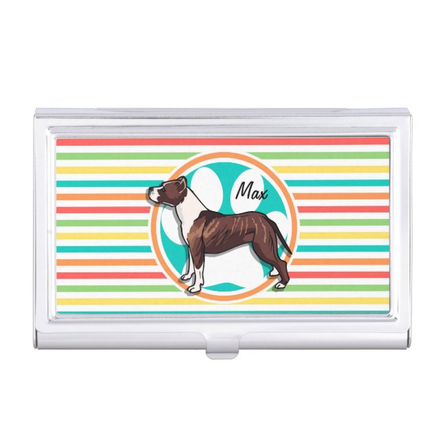 Pit Bull; Bright Rainbow Stripes Business Card Case (Front)
