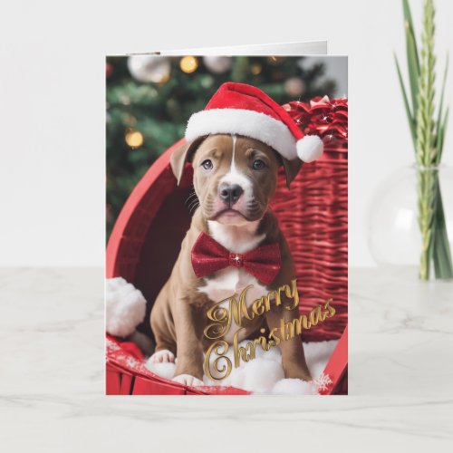  Pit Bull Christmas puppy in a basket   Holiday Card