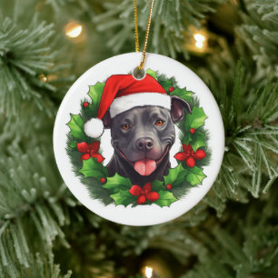 Pit Bull Christmas Wreath Ceramic Ornament