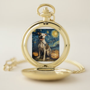 Pit Bull Cute Dog Halloween Jack O Lantern Pumpkin Pocket Watch