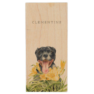 Pit Bull Dog and Lily Watercolor   Add Your Name Wood Flash Drive