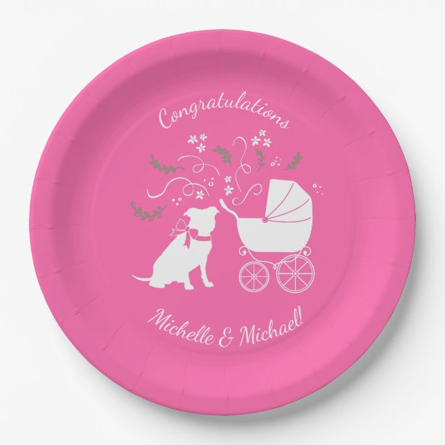 Pit Bull Dog Baby Shower Pink Girl Pitbull Paper Plates (Front)