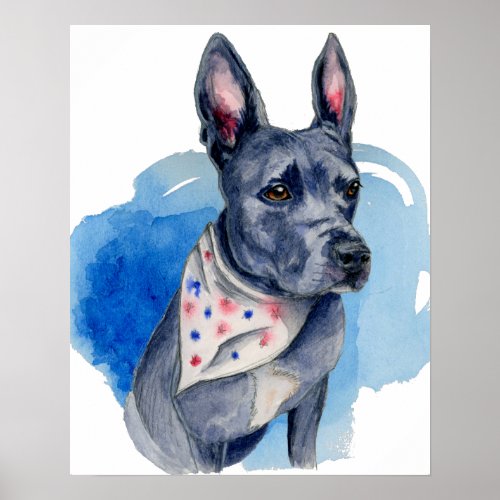 Pit Bull Dog Blue Watercolor Painting Poster