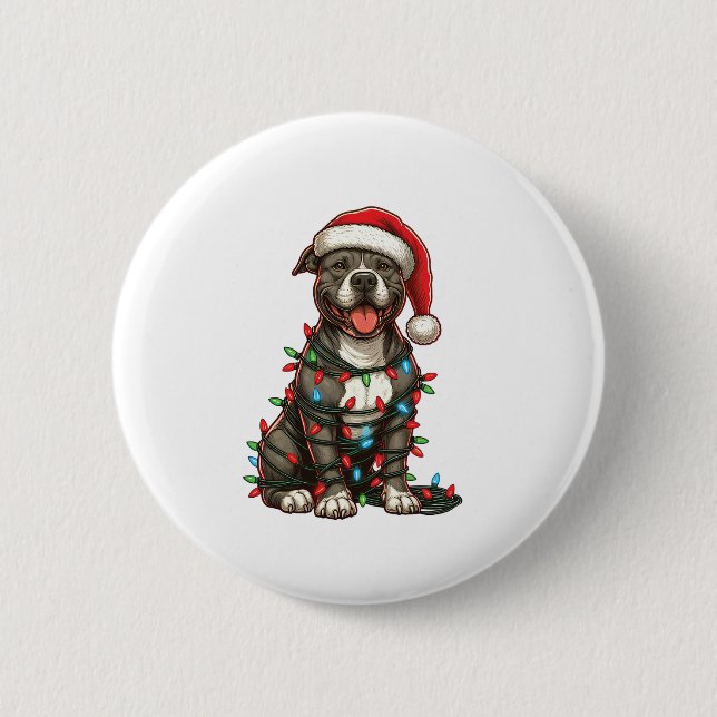 Pit bull Dog Christmas Lights Santa Hat Xmas Snow  Button (Front)