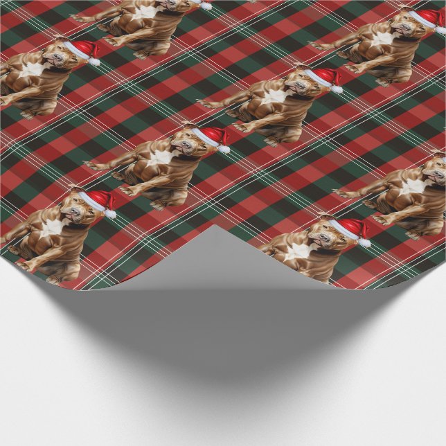 Pit Bull Dog Green and Red Holiday Plaid Christmas Wrapping Paper (Corner)