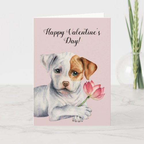 Pit Bull Dog Holding Pink Flower  Valentines Holiday Card
