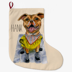 Pit Bull Dog in a Rain Coat Watercolor Large Christmas Stocking