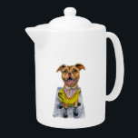Pit Bull Dog in a Raincoat Illustration Teapot<br><div class="desc">This is a watercolor painting of a dog in a yellow raincoat and rain boots. He has a huge smile on his face.</div>