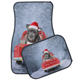 Pit Bull Dog in Snow sitting in Christmas Truck Car Floor Mat