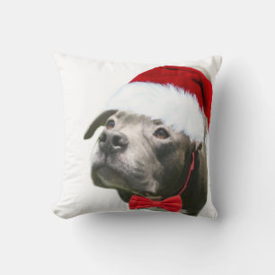 Pit bull dog Santa Hat Christmas pet throw pillow