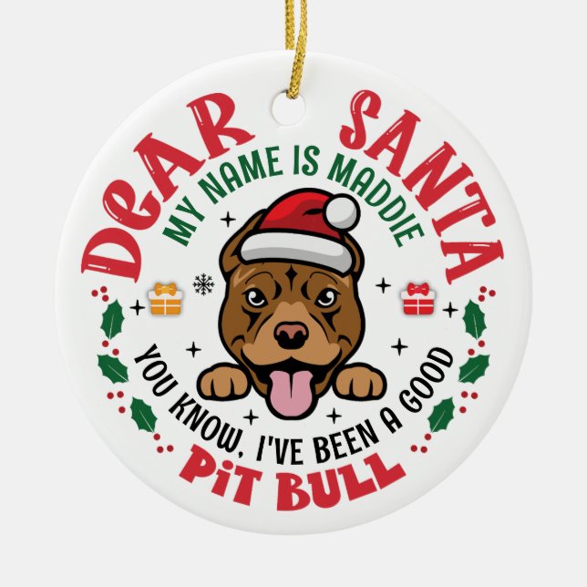 Pit Bull Dog Santa Personalized Christmas Tree Ceramic Ornament (Front)