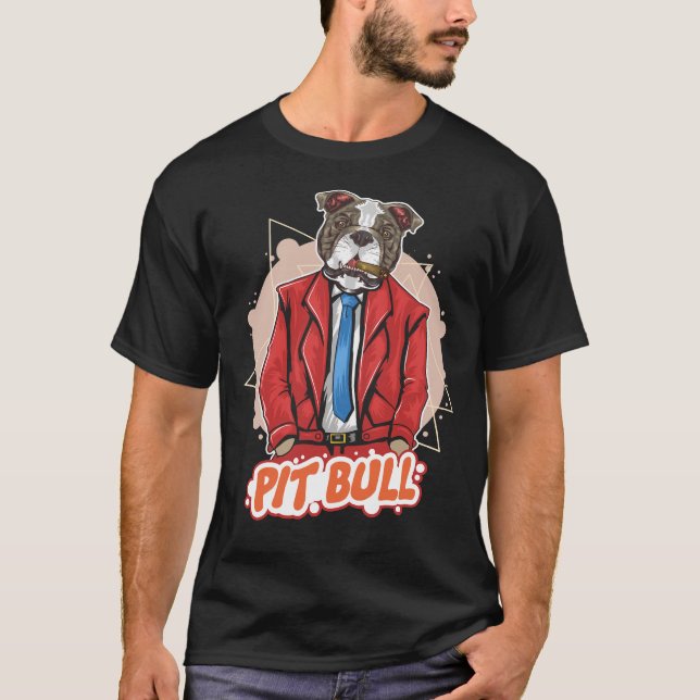 Pit Bull Dog With Cigar And Suit Pitbull Artwork T-Shirt (Front)