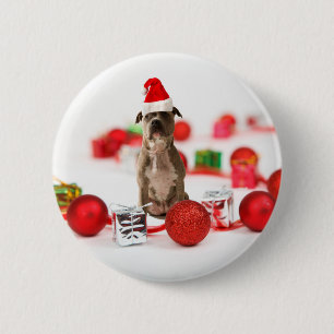 Pit Bull Dog with Gift box and Christmas Ornaments Button