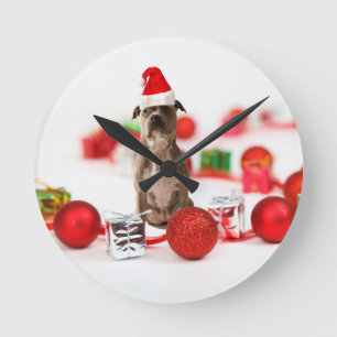 Pit Bull Dog with Gift box and Christmas Ornaments Round Clock