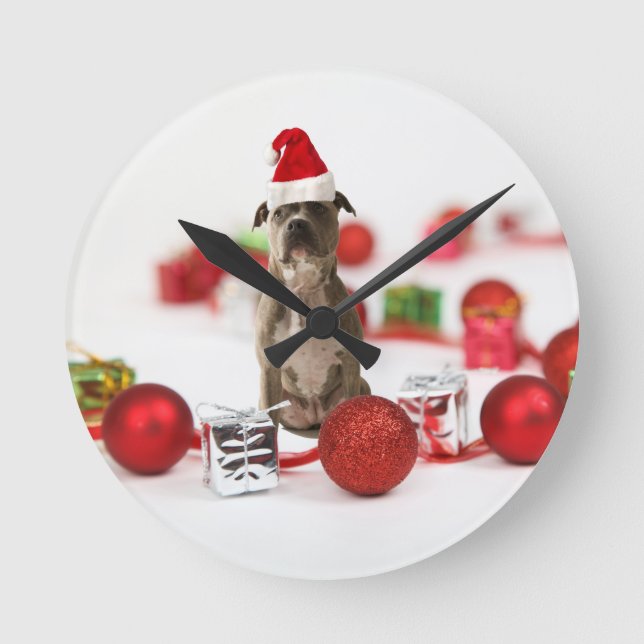 Pit Bull Dog with Gift box and Christmas Ornaments Round Clock (Front)