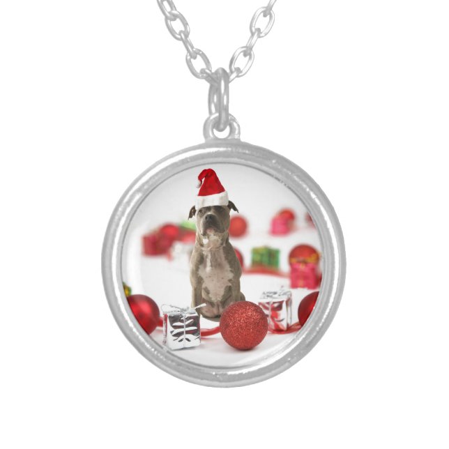 Pit Bull Dog with Gift box and Christmas Ornaments Silver Plated Necklace (Front)