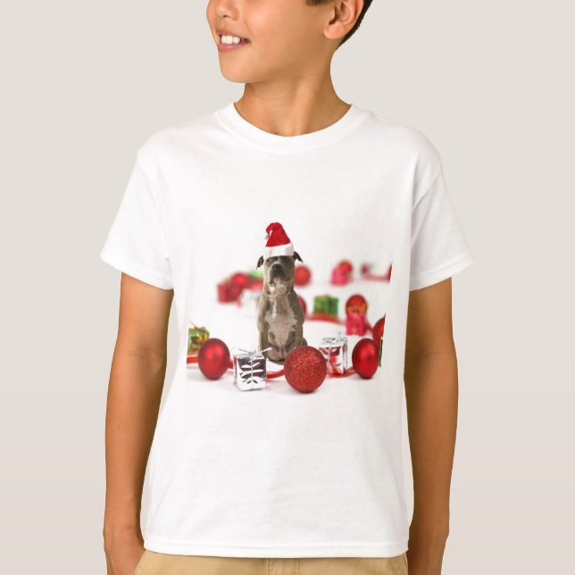 Pit Bull Dog with Gift box and Christmas Ornaments T-Shirt (Front)