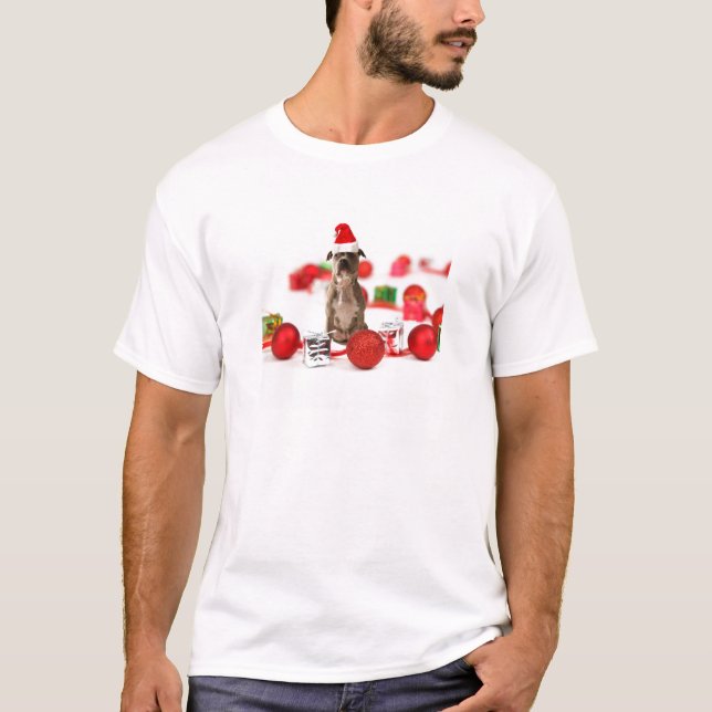 Pit Bull Dog with Gift box and Christmas Ornaments T-Shirt (Front)