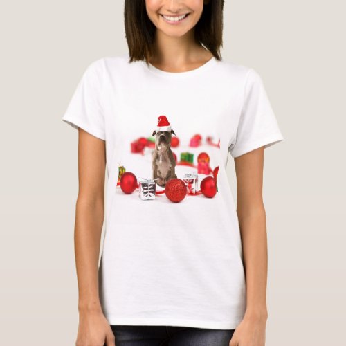 Pit Bull Dog with Gift box and Christmas Ornaments T_Shirt