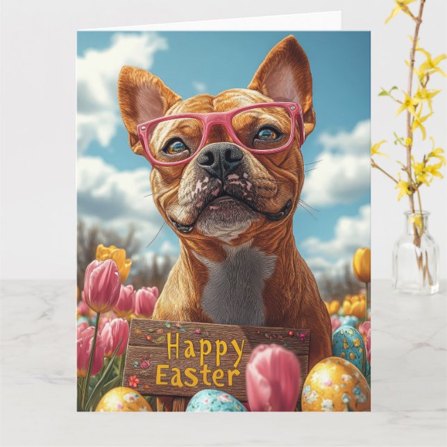 Pit Bull Easter Eggs Card (Yellow Flower)