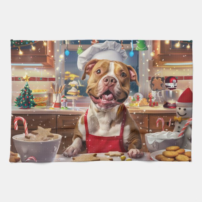 Pit Bull Holiday Baking: Festive Christmas  Kitchen Towel (Horizontal)