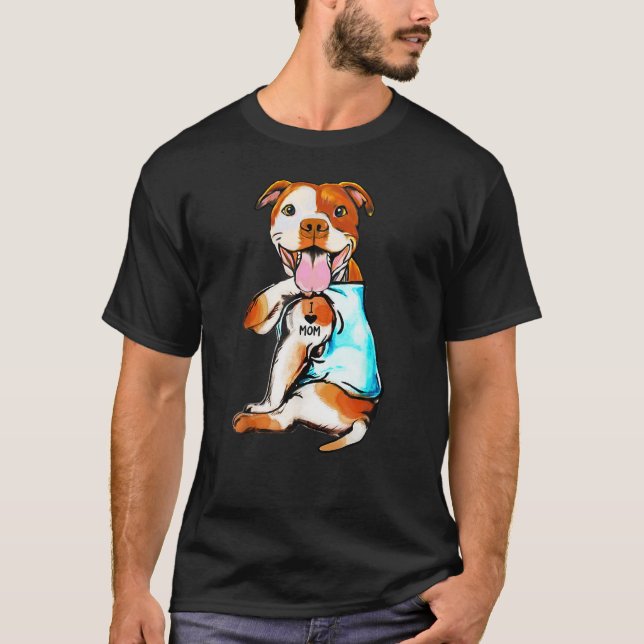 Pit Bull I Love Mom Tattooed Dog Mommy Mother Day T-Shirt (Front)