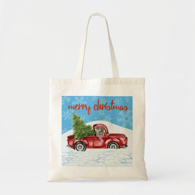 Pit Bull in Retro Red Truck Christmas Tote (Front)
