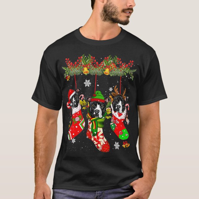 Pit Bull In Socks Christmas Santa Hat Xmas Light T-Shirt (Front)