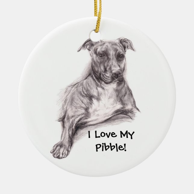 Pit Bull Portrait in Charcoal Ceramic Ornament (Front)