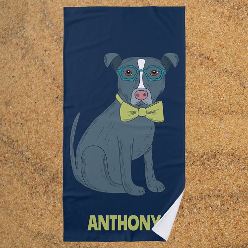 Pit Bull Puppy Dog Wearing Glasses Personalized Beach Towel