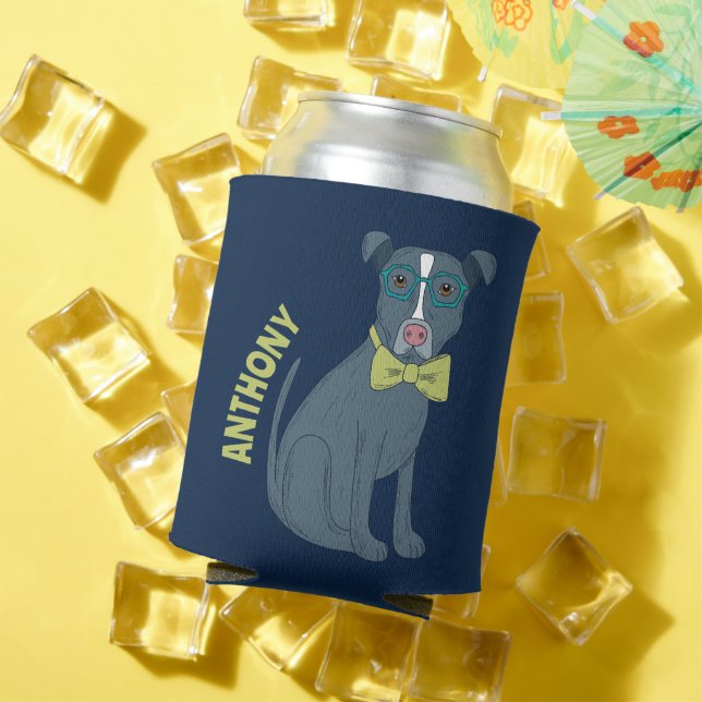Pit Bull Puppy Dog Wearing Glasses Personalized Can Cooler (In Situ Summer)