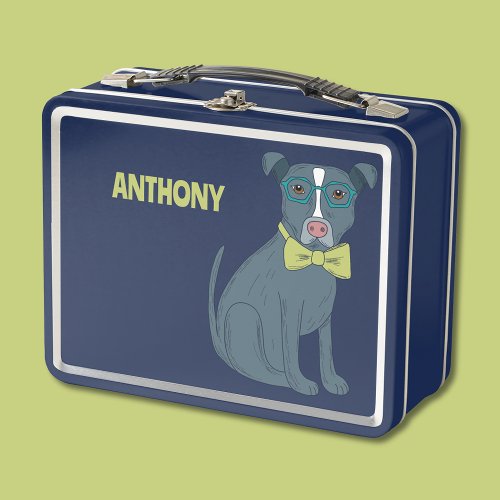 Pit Bull Puppy Dog Wearing Glasses Personalized Metal Lunch Box