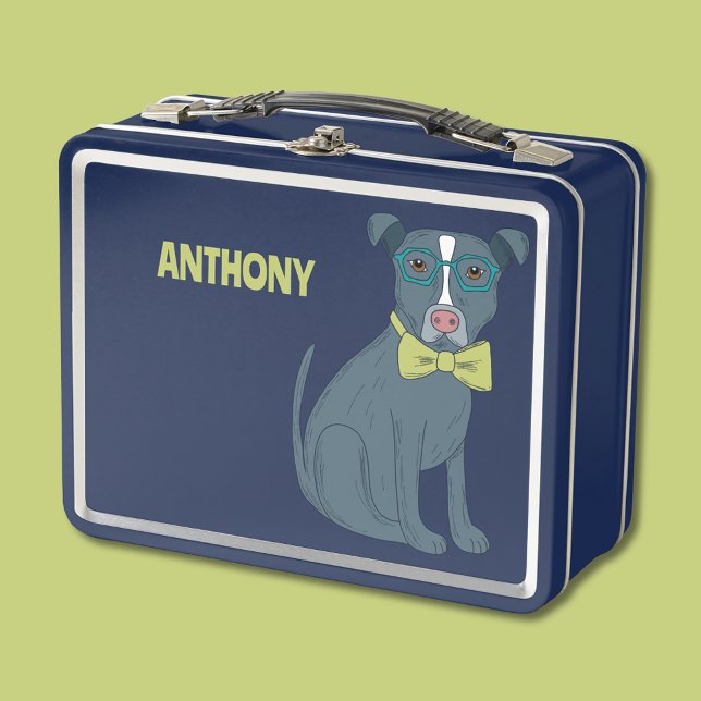 Pit Bull Puppy Dog Wearing Glasses Personalized Metal Lunch Box (Creator Uploaded)