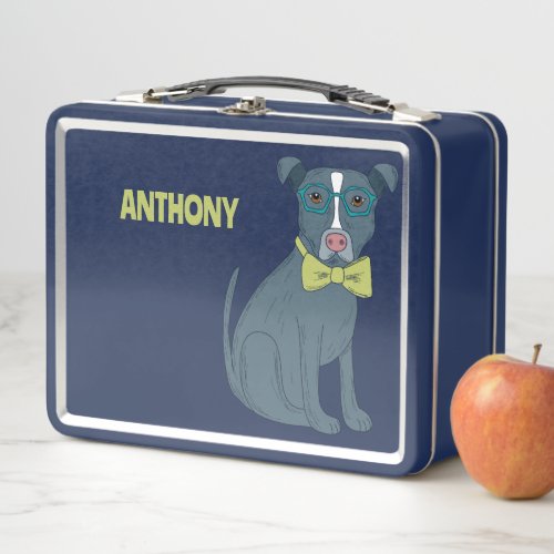 Pit Bull Puppy Dog Wearing Glasses Personalized Metal Lunch Box