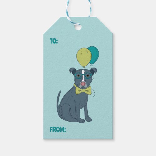 Pit Bull Puppy Dog Wearing Glasses with Balloons Gift Tags