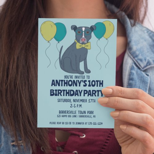 Pit Bull Puppy Dog Wearing Glasses with Balloons Invitation
