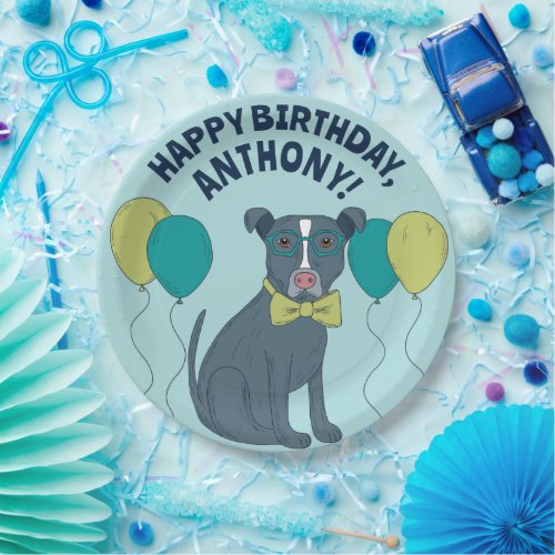Pit Bull Puppy Dog Wearing Glasses with Balloons Paper Plates