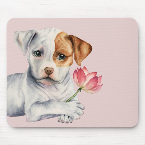 Pit Bull Puppy Holding Lotus Flower Painting Mouse Pad