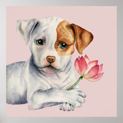 Pit Bull Puppy Holding Lotus Flower Painting Poster
