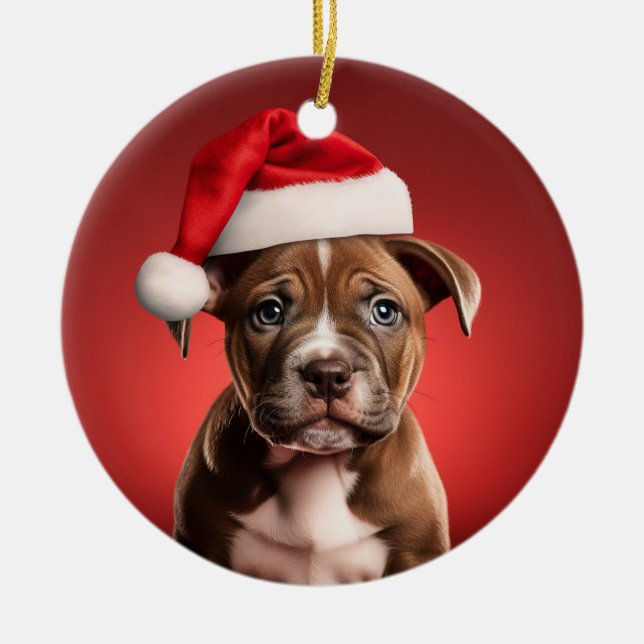 Pit Bull Puppy in Santa Hat Ceramic Ornament (Front)