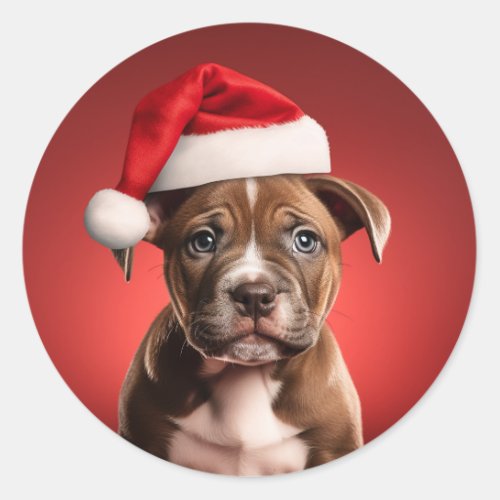 Pit Bull Puppy in Santa Hat Classic Round Sticker
