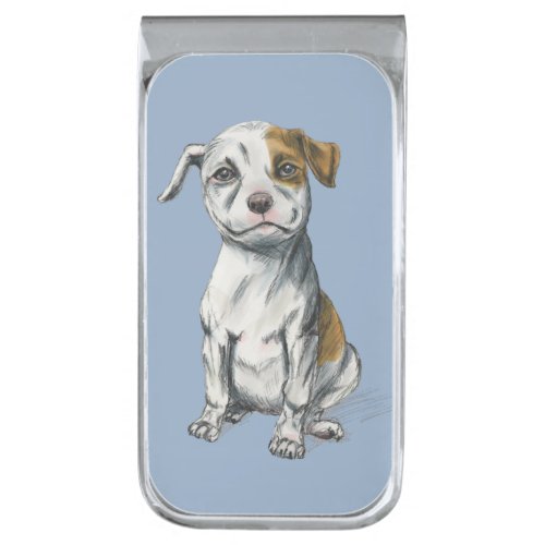 Pit Bull Puppy Sketch Drawing Silver Finish Money Clip