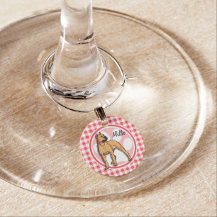 Pit Bull; Red and White Gingham Wine Glass Charm