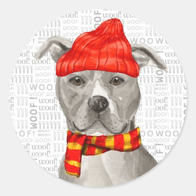 Pit Bull Staffordshire and Woof Word Art Christmas Classic Round Sticker (Front)